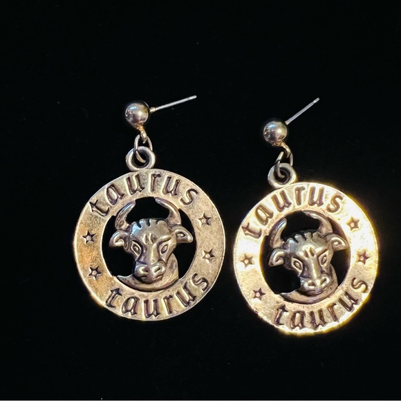 Gold Tone Taurus Zodiac Sign Circular Dangle Earring - Picture 1 of 6